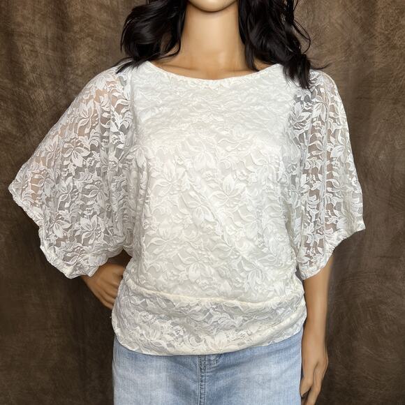 Rainbow Vintage Y2K Floral Lace Blouse Dolman Sleeve White Flowy Women's L Fairy - Picture 1 of 8